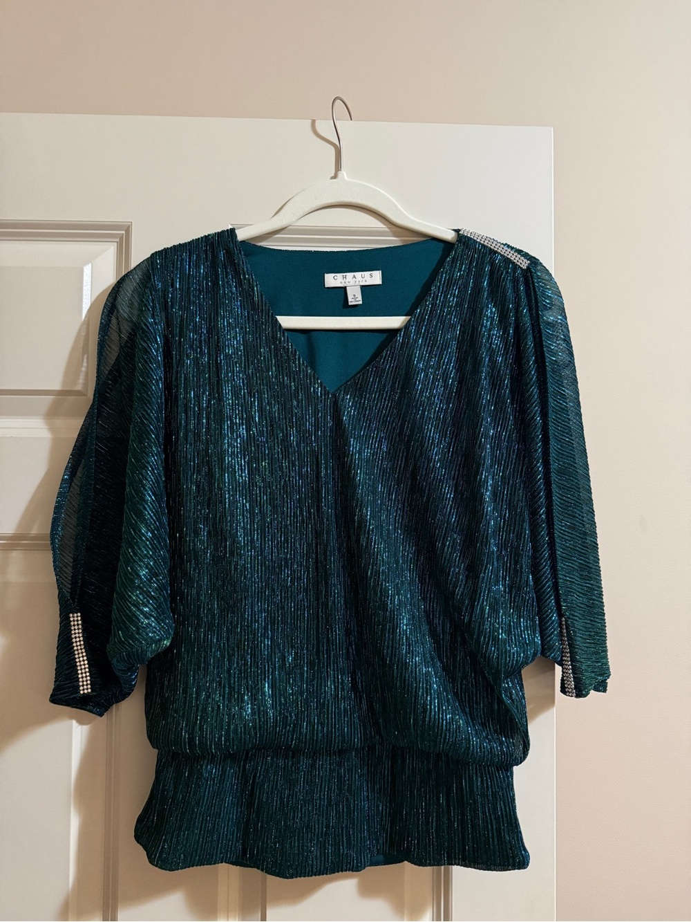Chaus Teal Metallic V-Neck Top